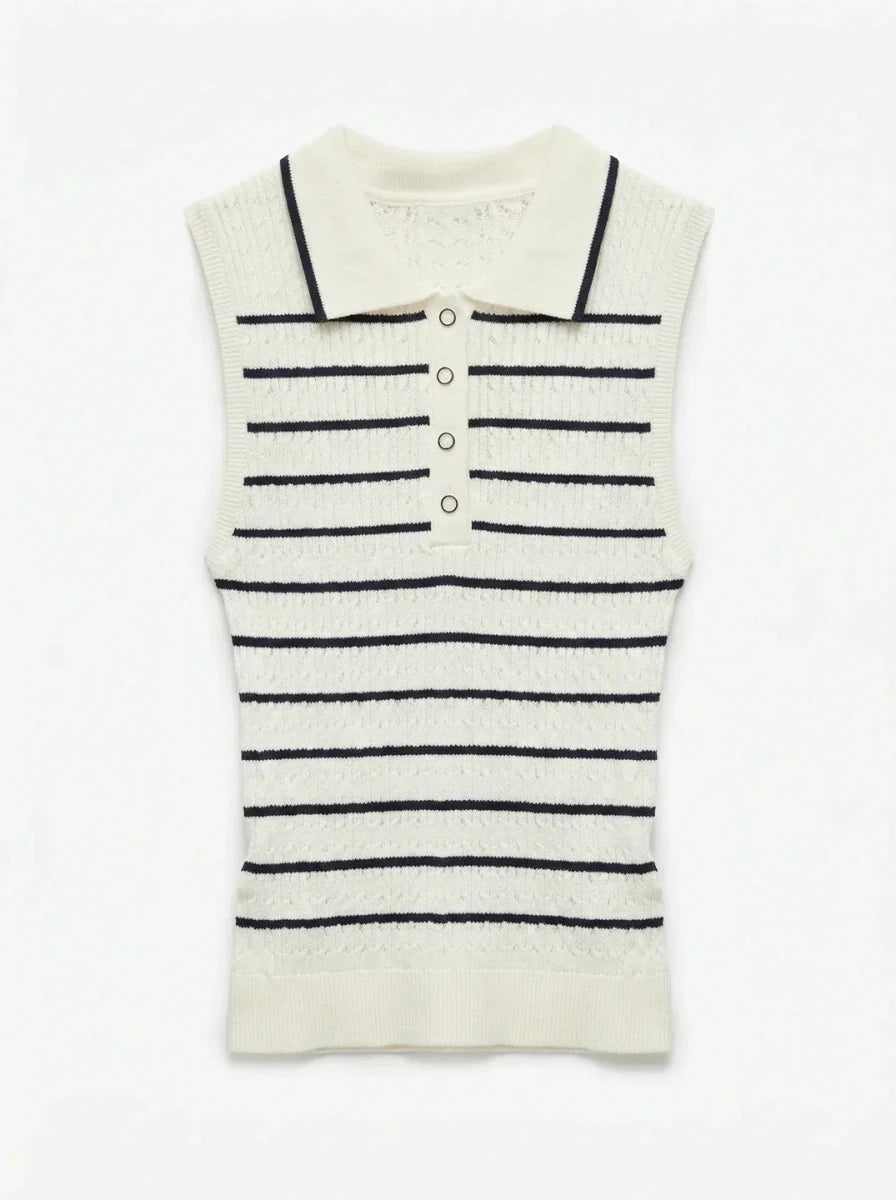 98degreenorth Women's Striped Knit Polo Vest in white & navy, a sleeveless button-up top with nautical flair.