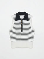 98degreenorth Women's Striped Knit Polo Vest—White & Navy, sleeveless button top with collar, preppy nautical style.