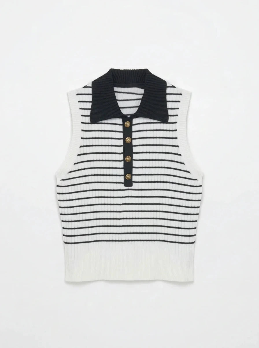 98degreenorth Women's Striped Knit Polo Vest—White & Navy, sleeveless button top with collar, preppy nautical style.
