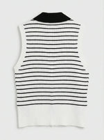 98degreenorth Women's Striped Knit Polo Vest: white & navy, sleeveless, ribbed collar, button top for classic style.