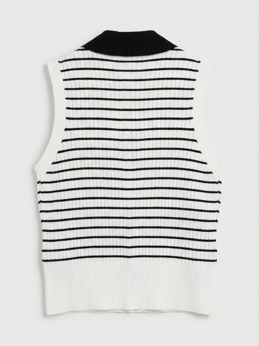 98degreenorth Women's Striped Knit Polo Vest: white & navy, sleeveless, ribbed collar, button top for classic style.