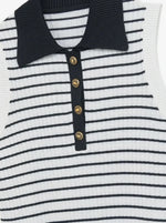 98degreenorth Women's Striped Knit Polo Vest in White & Navy—sleeveless, gold buttons, and black collar for preppy flair.
