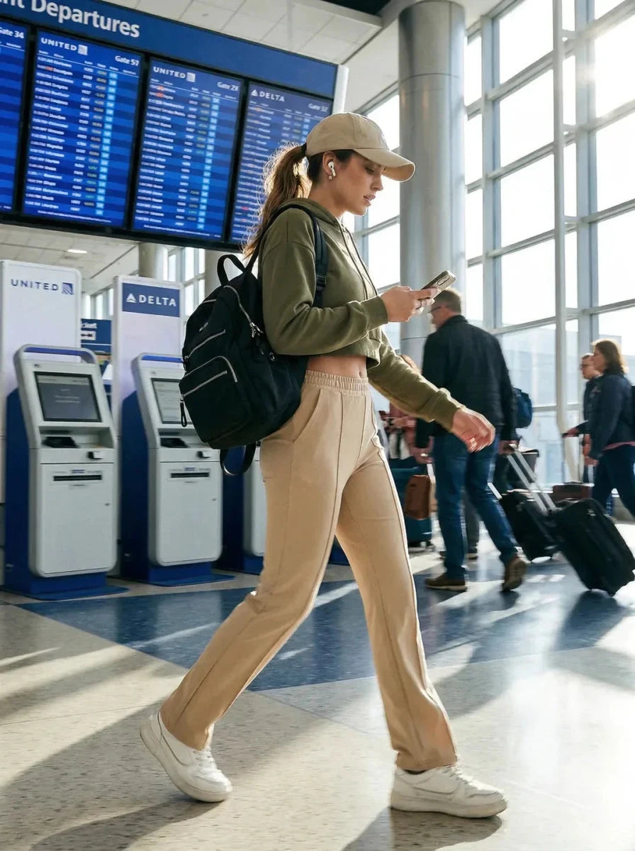 Woman in 98degreenorth's beige Tailored Straight Leg Pants walks through an airport, phone in hand, kiosks behind her.