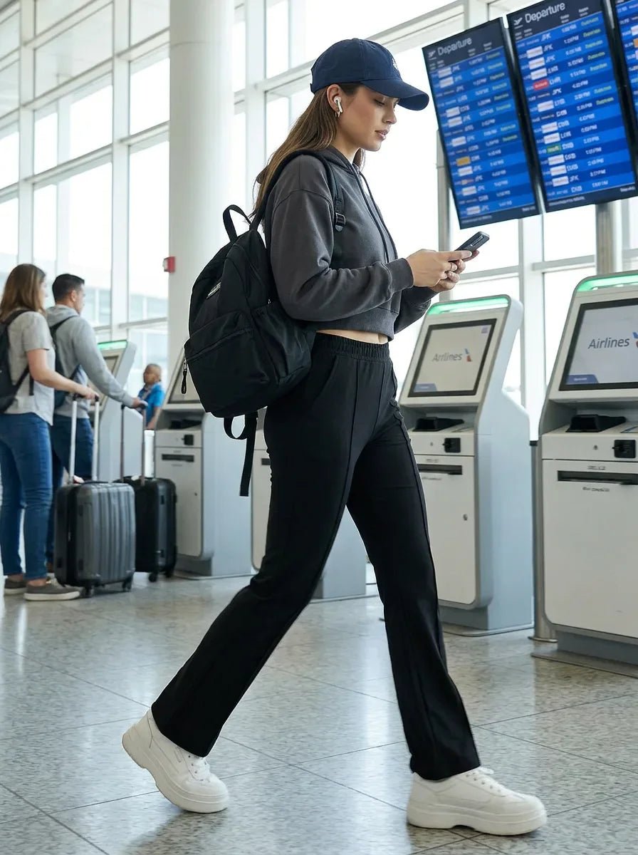 A woman in 98degreenorth Women's Tailored Straight Leg Pants in Black checks her phone while walking through the airport.