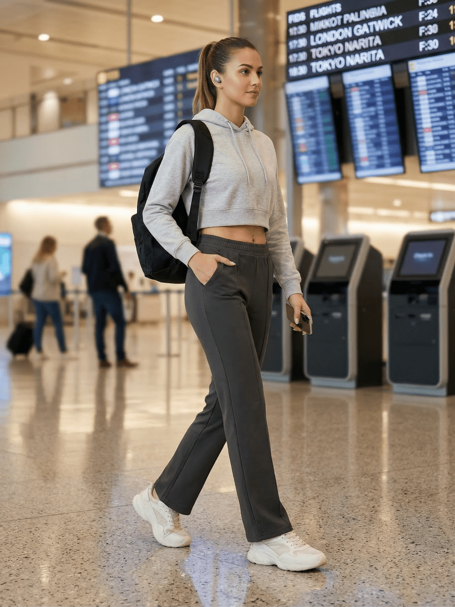 A woman in a gray hoodie and 98degreenorth’s Premium Pintuck Trousers walks through an airport terminal.