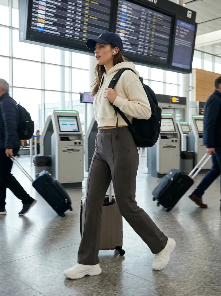 Woman in 98degreenorth Olive Tailored Straight Leg Pants pulls suitcase at airport; flight boards in background.