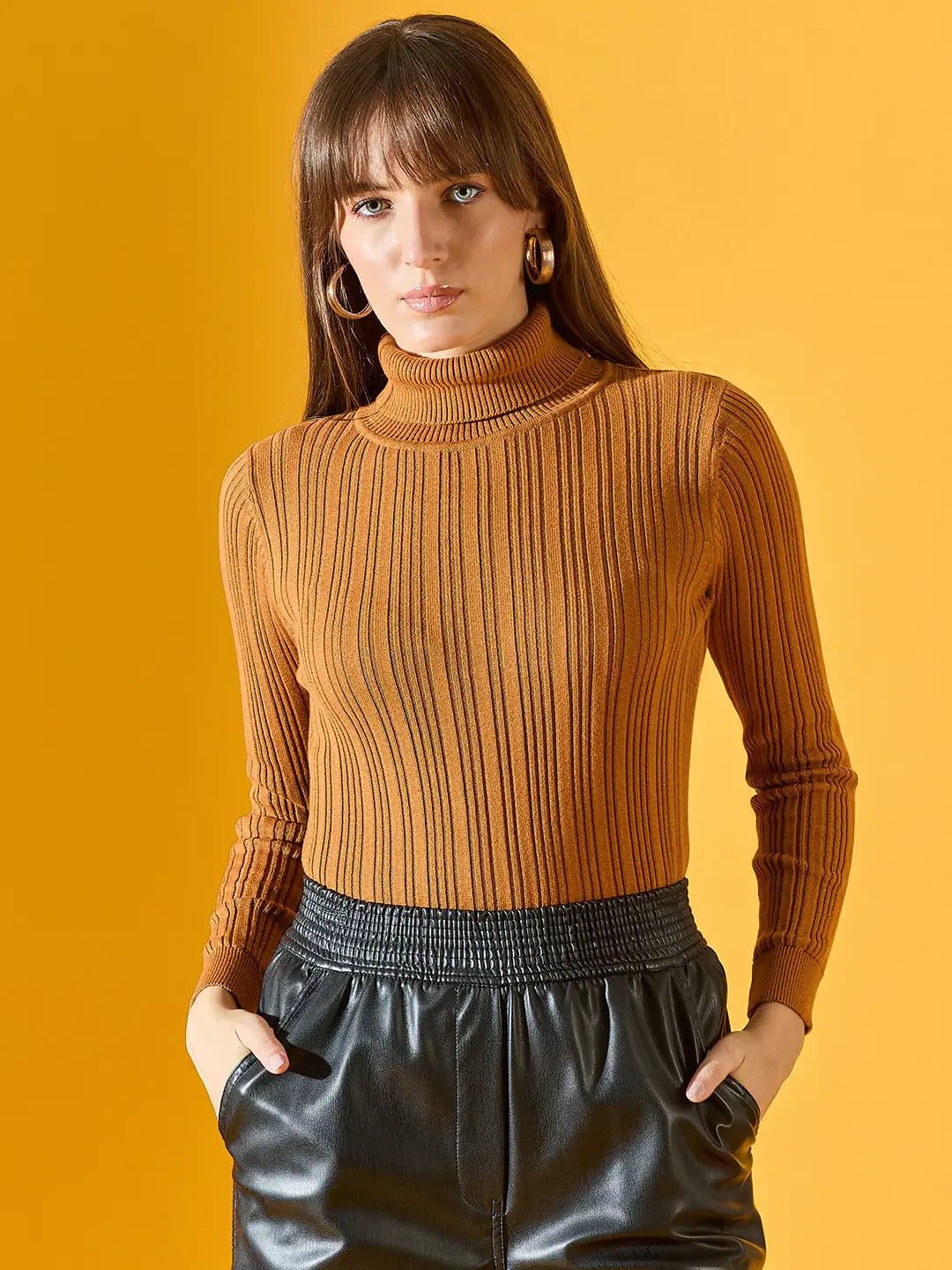 Women’s Tan Ribbed Turtleneck Stretchable Sweater – Neutral Slim Fit High Neck Pullover – Cozy Winter Basic for Work & Travel