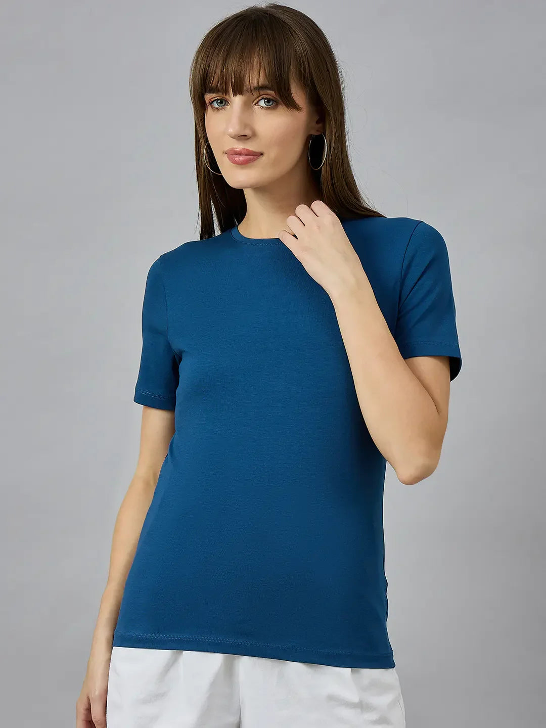 Women’s Teal Blue Round Neck Short Sleeve T-Shirt – Chic Casual Top for Everyday Indian Fashion