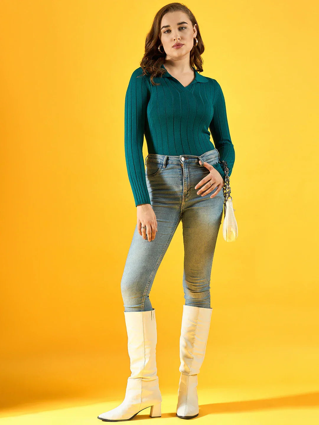 Women’s Teal Ribbed Collar Neck Sweater – Trendy Slim Fit Knit Top for Winter in India