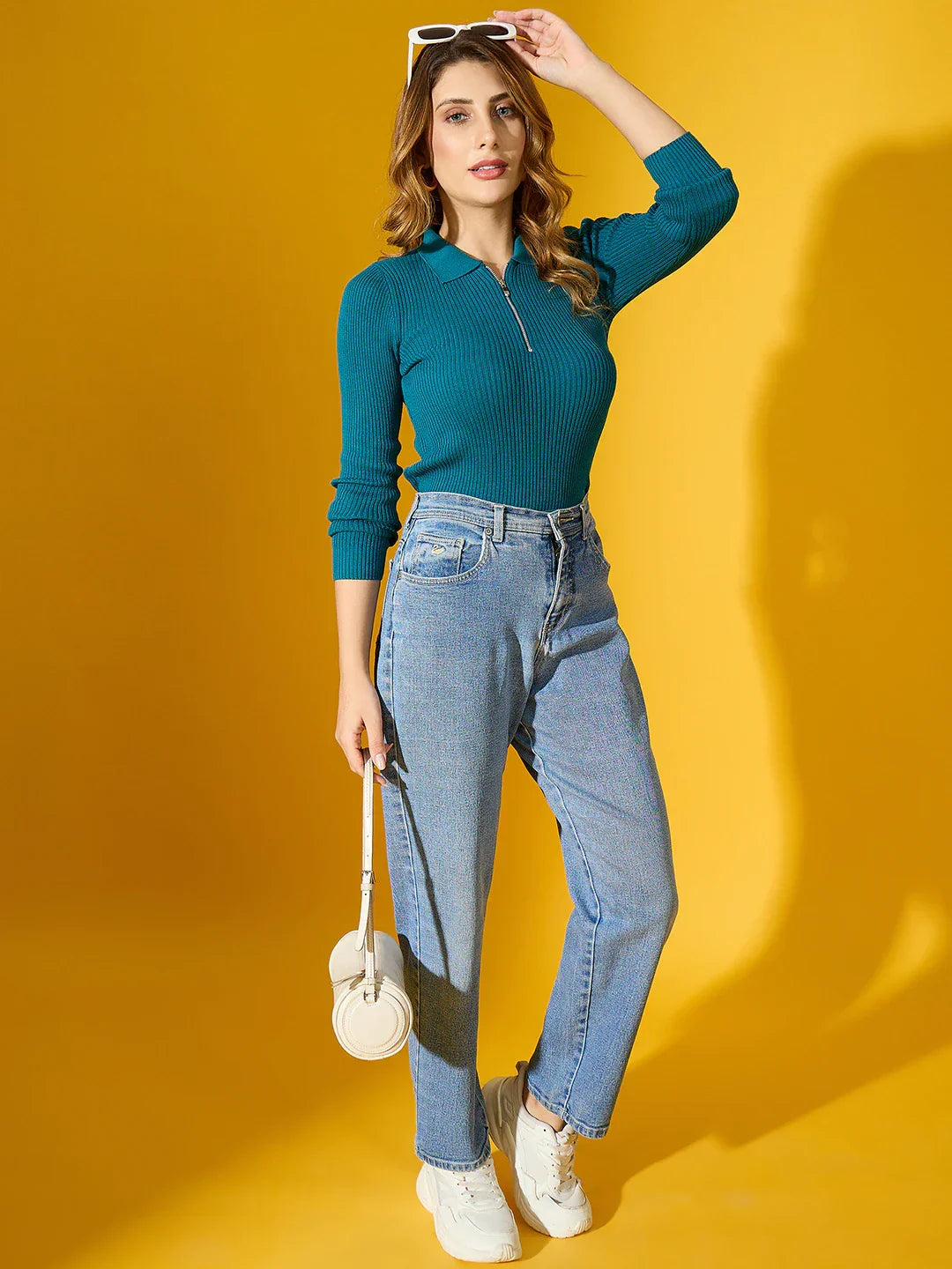 Women's Teal Ribbed Collar Zipper Sweater – Modern Long Sleeve Knit Top for Work & Casual Dressing