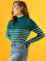 Woman wears 98degreenorth’s Women’s Teal Ribbed Knit Turtleneck Sweater, smiling against a yellow background.