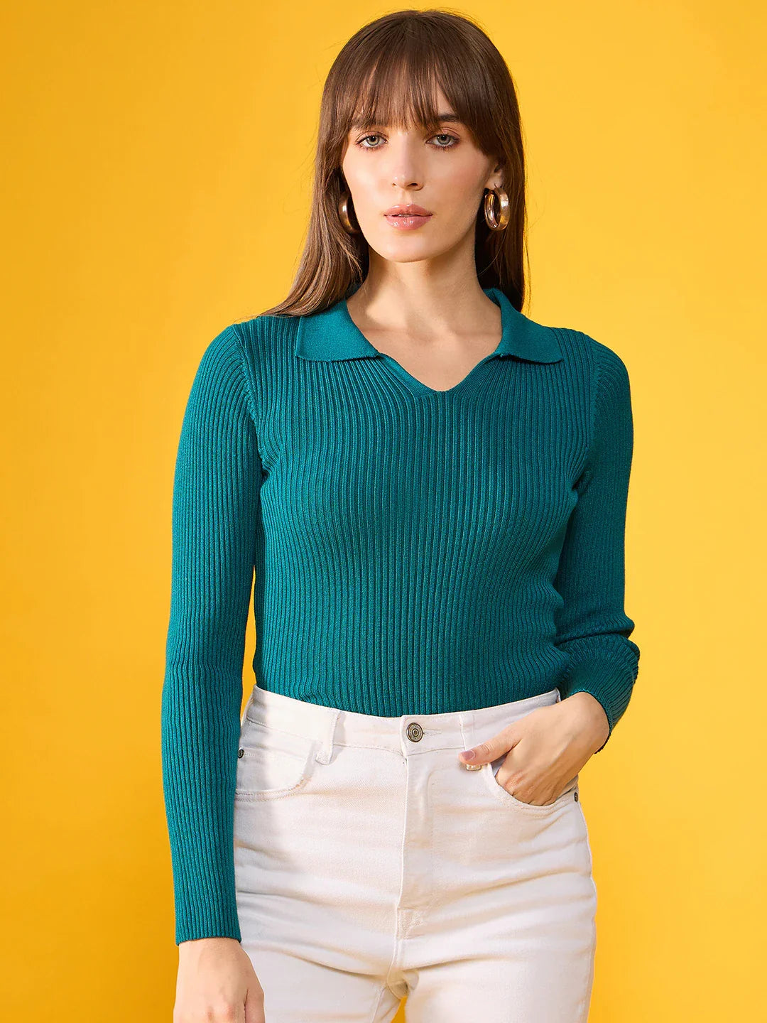 Women’s Teal Ribbed Stretchable Collar Sweater – Elegant Long Sleeve Knit Top for Winter Casual & Workwear India