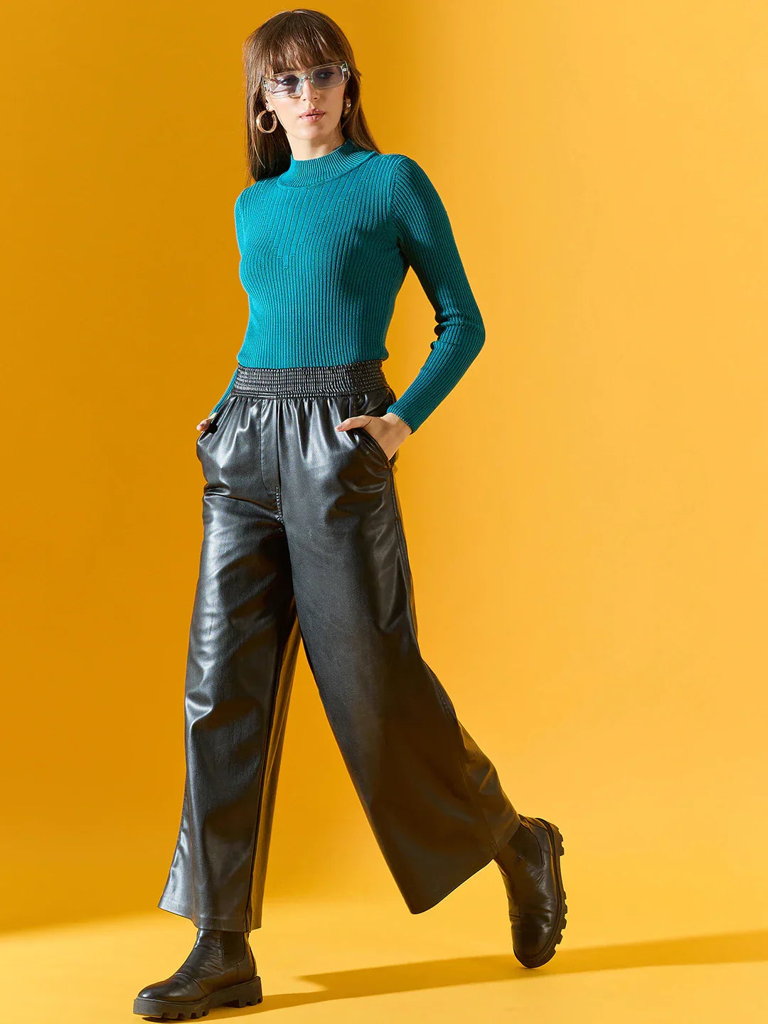 Women’s Teal Ribbed Turtle Neck Slim Fit Sweater – Stretchable Knit Winter Top for Women Casual & Workwear India