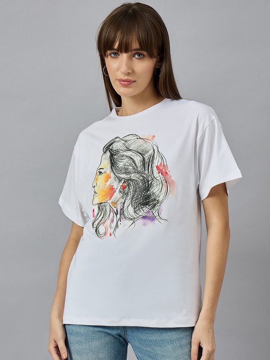 Woman wearing 98degreenorths Women’s Typography Cotton T-shirt, streetwear style, against a gray background.