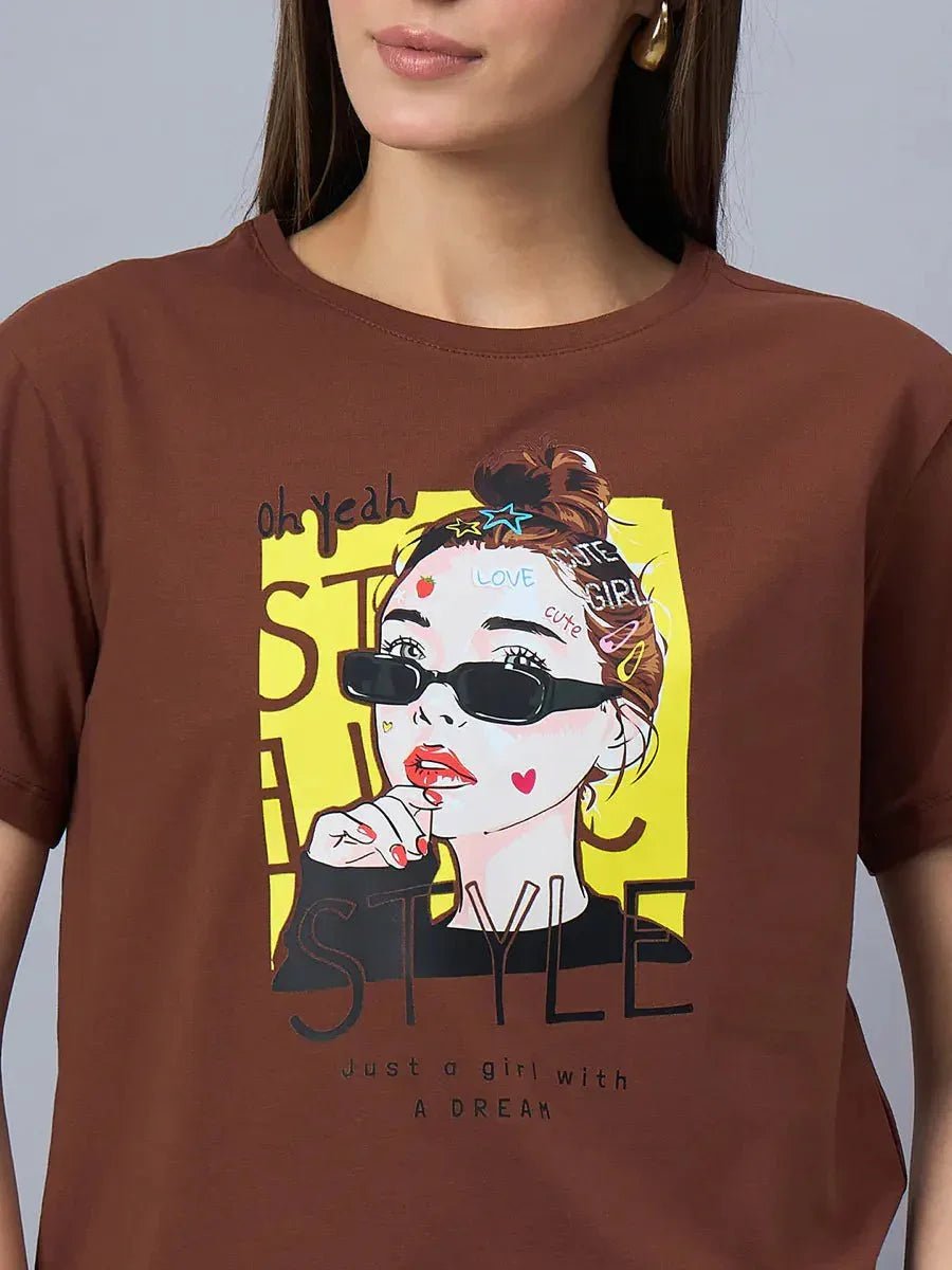 Woman wears a 98degreenorth Women’s Typography Graphic Cotton T-shirt – Stylish Streetwear, ideal for office casual.