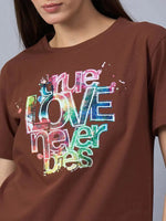 Woman wears 98degreenorth Women’s Typography Graphic Print Cotton Tee with “true LOVE never dies” text.