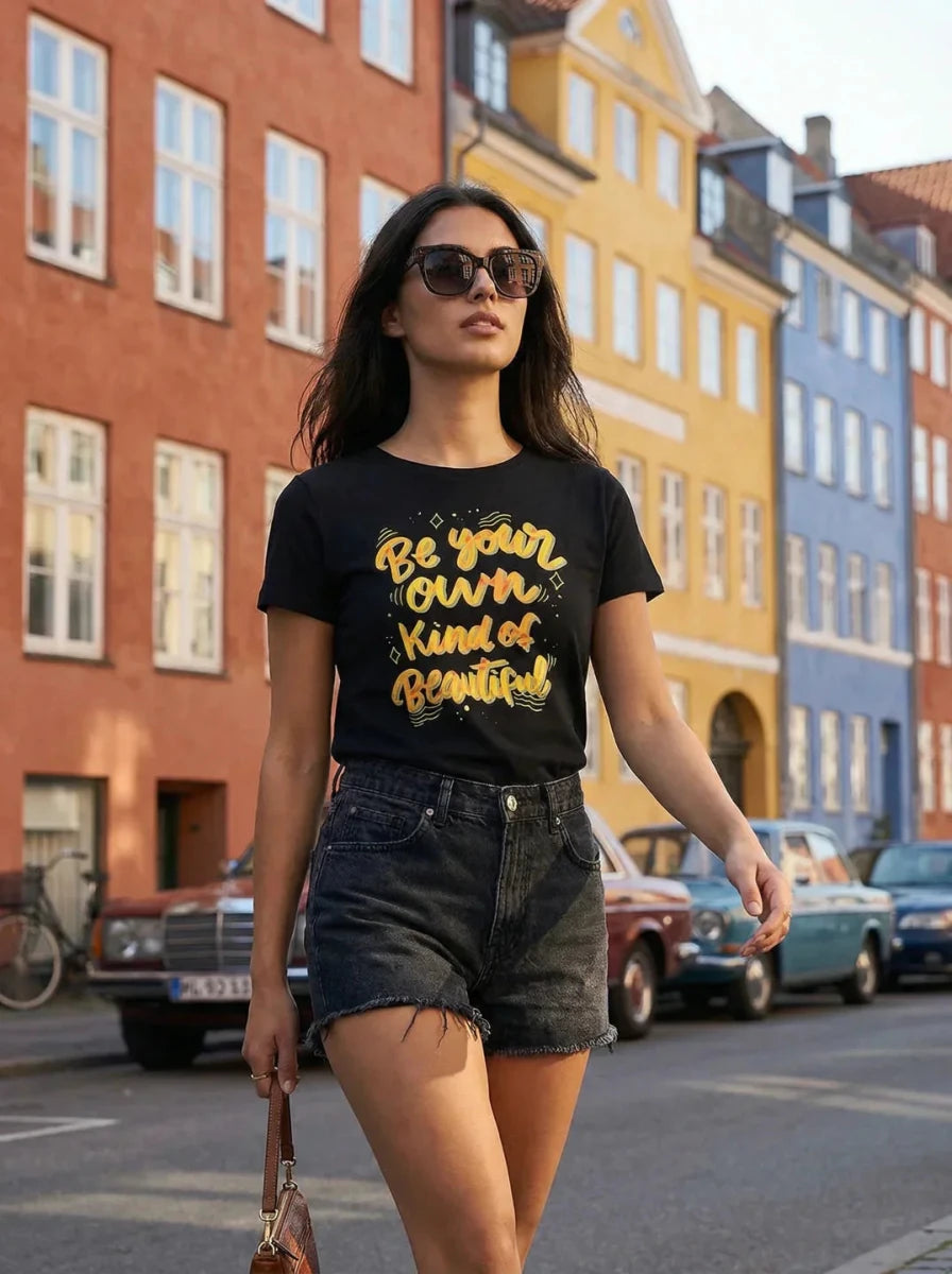 A woman in sunglasses wears a 98degreenorth women’s typography print cotton t-shirt, strolling past city buildings.