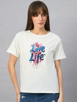 Woman in a 98degreenorth Women’s Typography Printed Cotton T-shirt, round neck, casual streetwear style.
