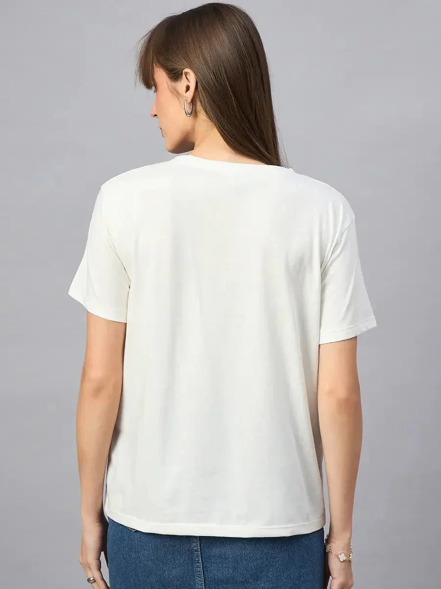 Woman with straight brown hair wears a 98degreenorth Women’s Typography Cotton T-shirt, facing away from the camera.