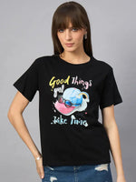 Woman in a 98degreenorth Women’s Typography Printed Cotton Tee—comfortable streetwear, cat graphic, “Good Things Take Time.”.