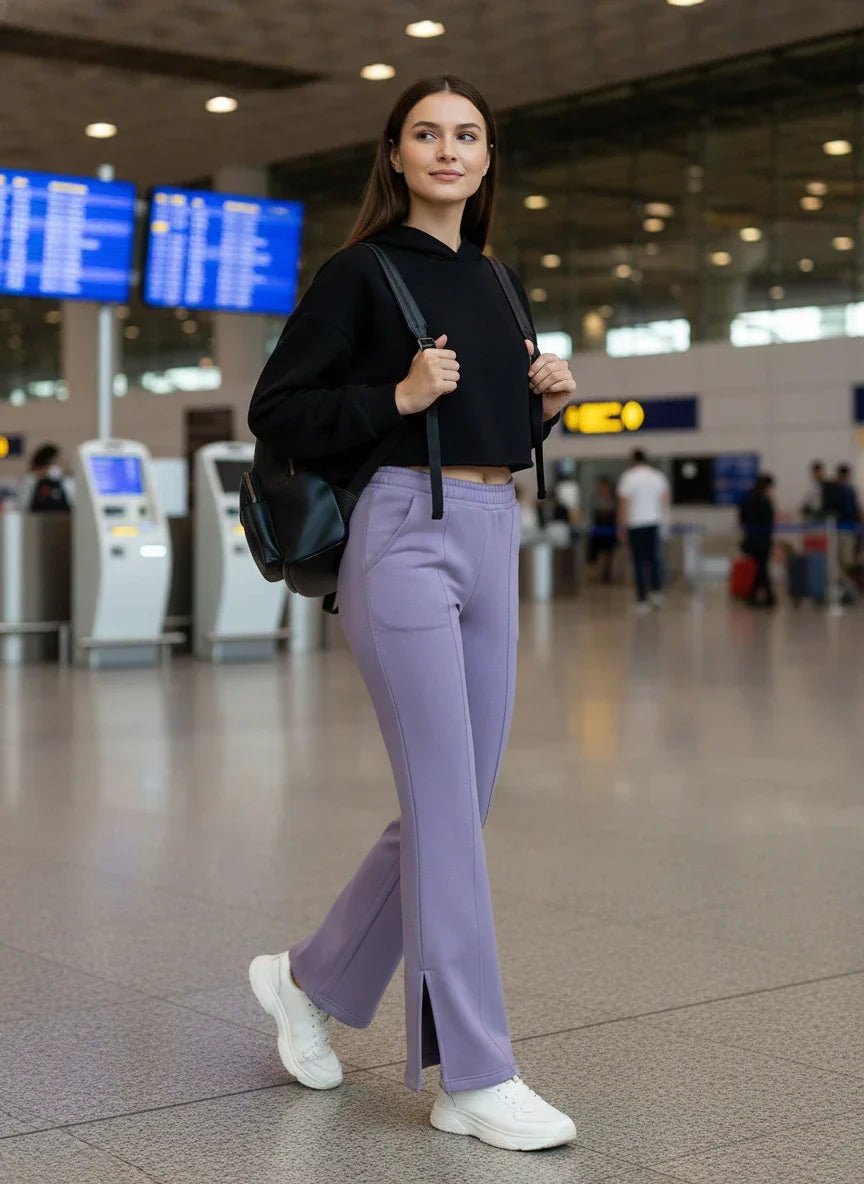 Woman at the airport in a black hoodie, white sneakers, and 98degreenorth Violet Flared Bootcut Fleece Sweatpants.
