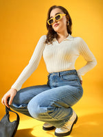 Woman in 98degreenorth White Ribbed Collar Neck Sweater, slim fit winterwear, poses against a yellow background.