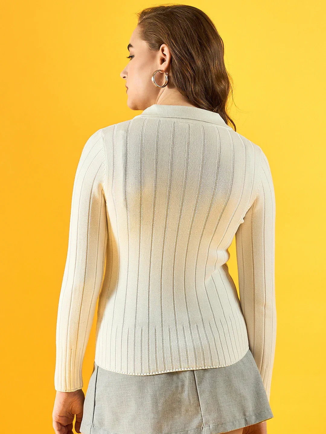 Shop the 98degreenorth Women's White Ribbed Collar Sweater, classic slim fit knitwear, online in India.