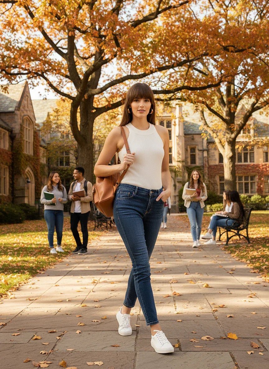 A woman in a 98degreenorth white ribbed halter neck knit top walks on campus amid students and fall scenery.