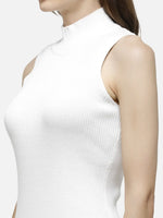 Woman in a 98degreenorth slim fit white ribbed high neck sleeveless knit top, shown from the side.