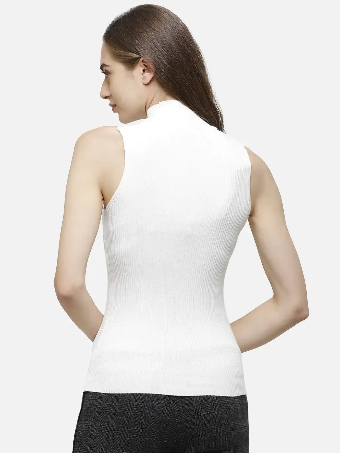 Woman with long brown hair wearing a 98degreenorth white ribbed high neck sleeveless knit top, shown from the back.