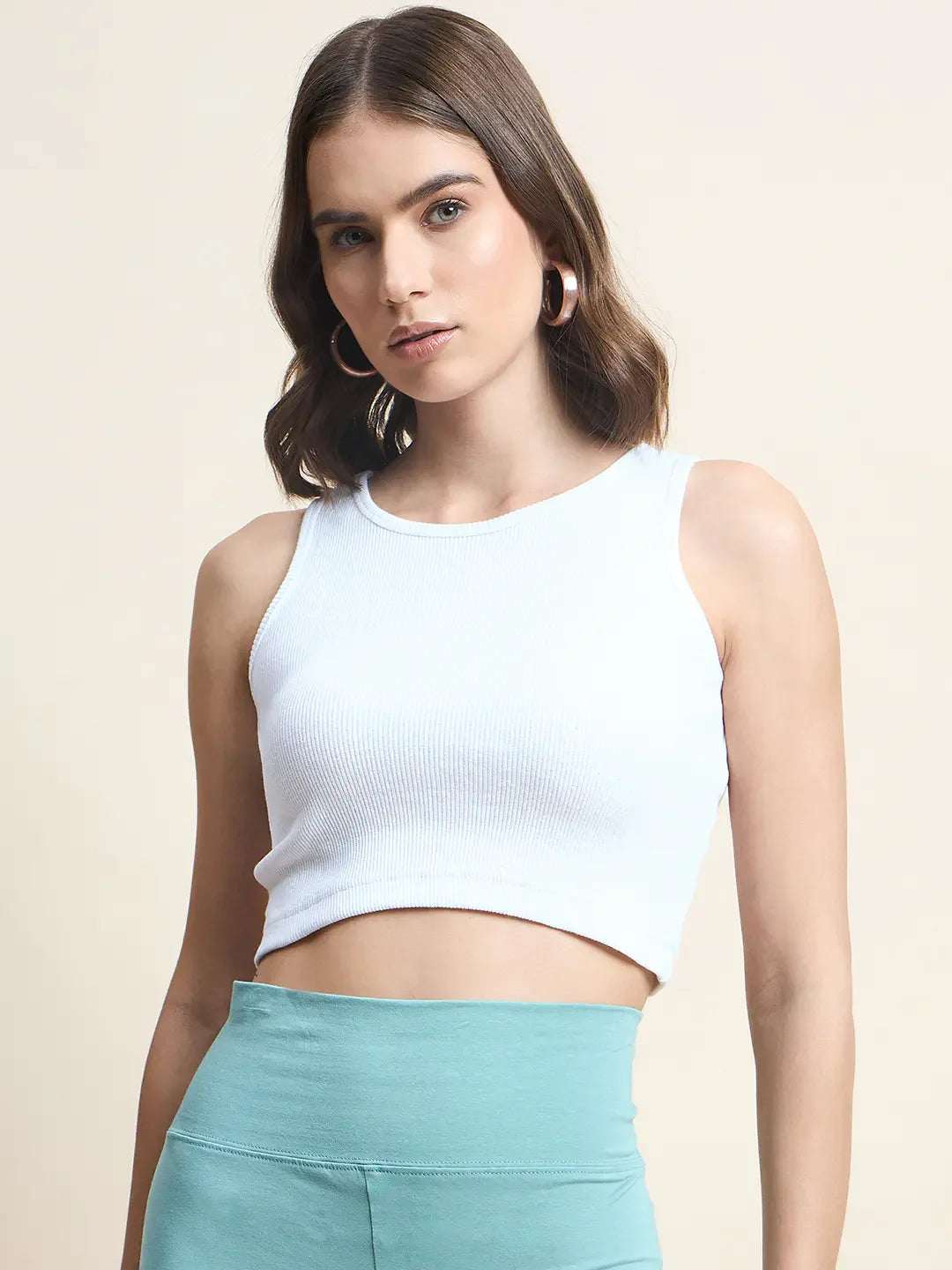 Women’s White Ribbed Round Neck Sleeveless Crop Top – Versatile Casual Tank