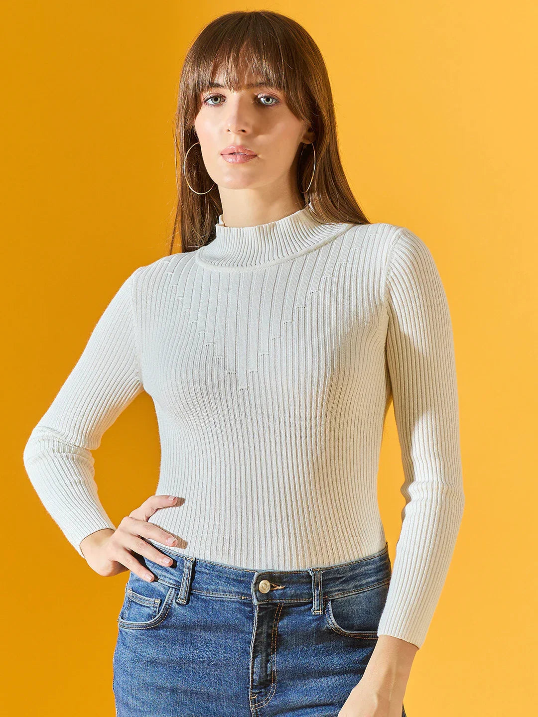 Women’s White Ribbed Turtle Neck Stretchable Sweater – Slim Fit Knit Winter Top Casual & Office Wear India