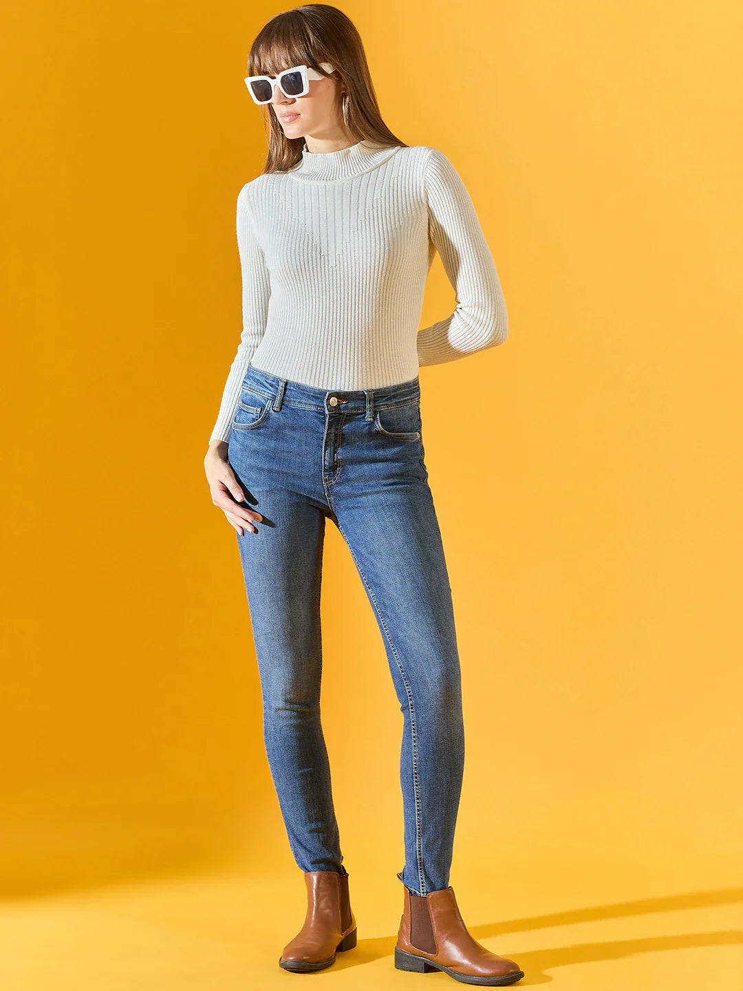 Women’s White Ribbed Turtle Neck Stretchable Sweater – Slim Fit Knit Winter Top Casual & Office Wear India