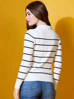 Woman wears 98degreenorth Women’s White Striped Collared Knit Sweater, a smart-casual polo pullover.