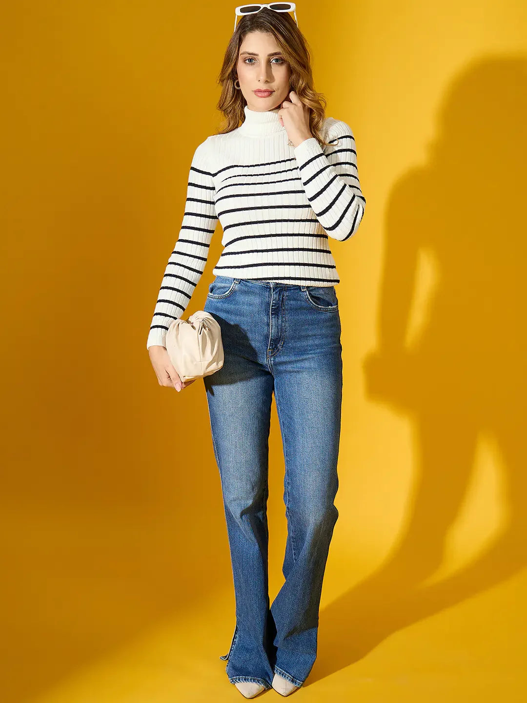 Women’s White Striped Ribbed High Neck Sweater | Chic Ribbed Winter Pullover India