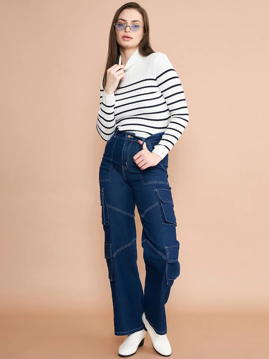 Women’s White Striped Ribbed Turtleneck Sweater | Slim Fit Knit Pullover for Winter India