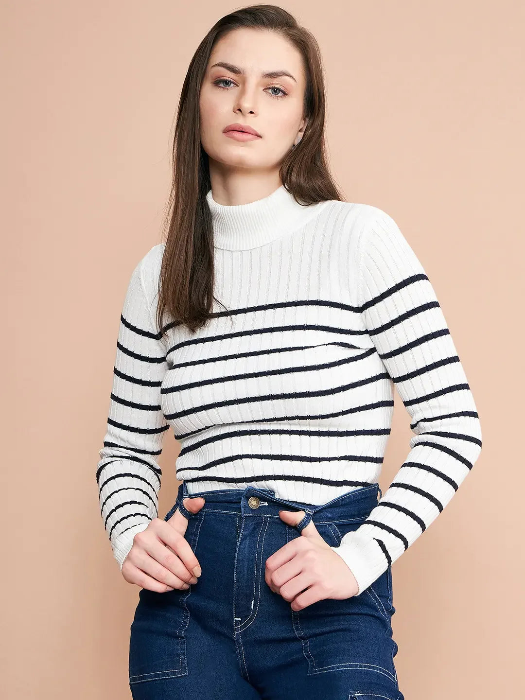 Women’s White Striped Ribbed Turtleneck Sweater | Slim Fit Knit Pullover for Winter India