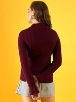 A woman models the 98degreenorth Women’s Wine Ribbed Collar Sweater against a yellow backdrop, back to camera.