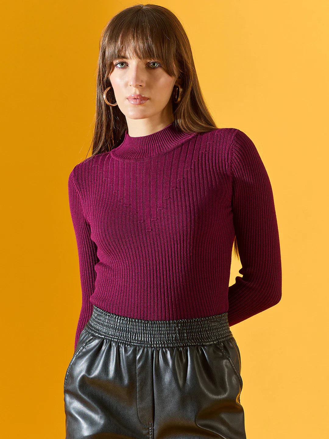Women’s Wine Ribbed Turtle Neck Slim Fit Sweater – Stretchable Knit Winter Top for Women Casual & Formal India