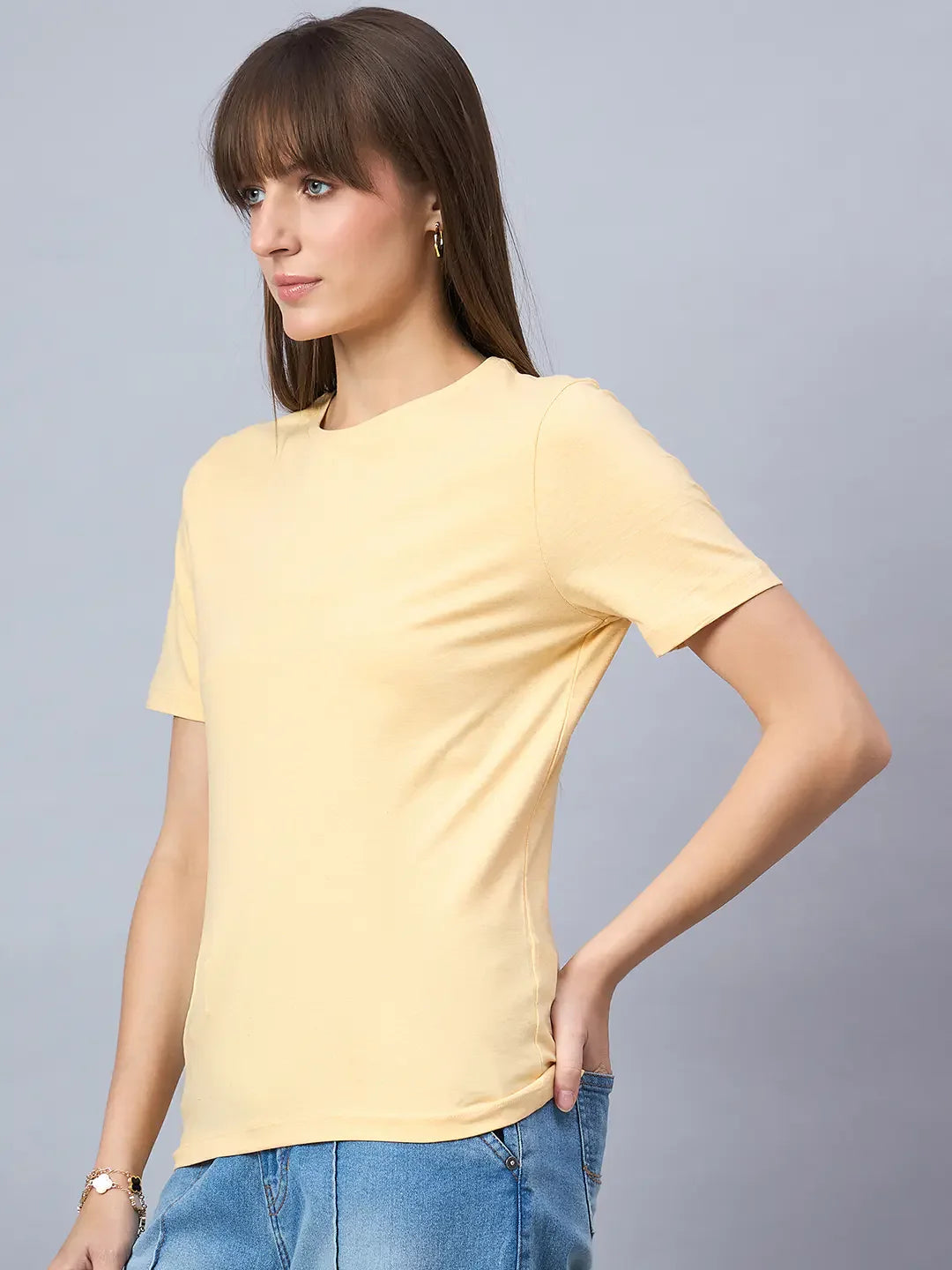 Women’s Yellow Round Neck Short Sleeve T-Shirt – Bright Everyday Casual Western Wear India