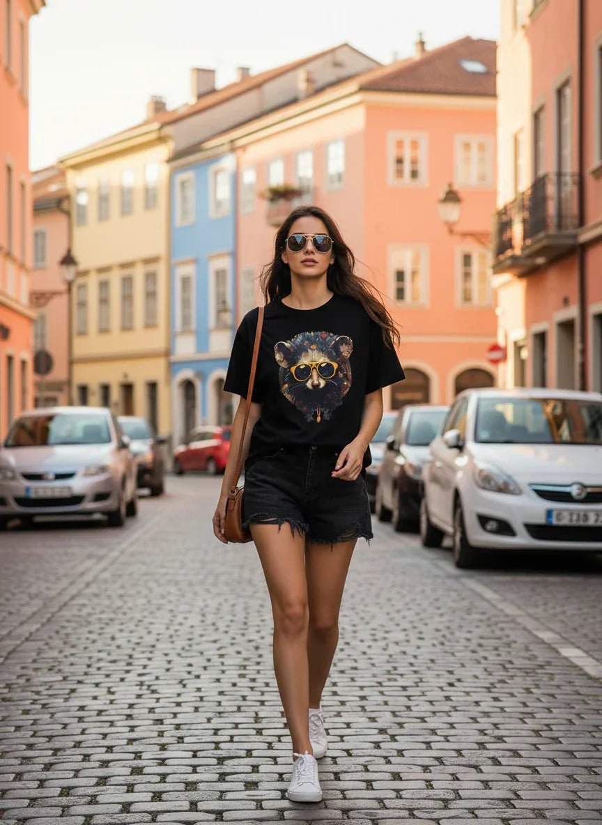 A woman in sunglasses wears the 98degreenorth Women's Typography Graphic T-shirt while strolling a colorful cobblestone street.