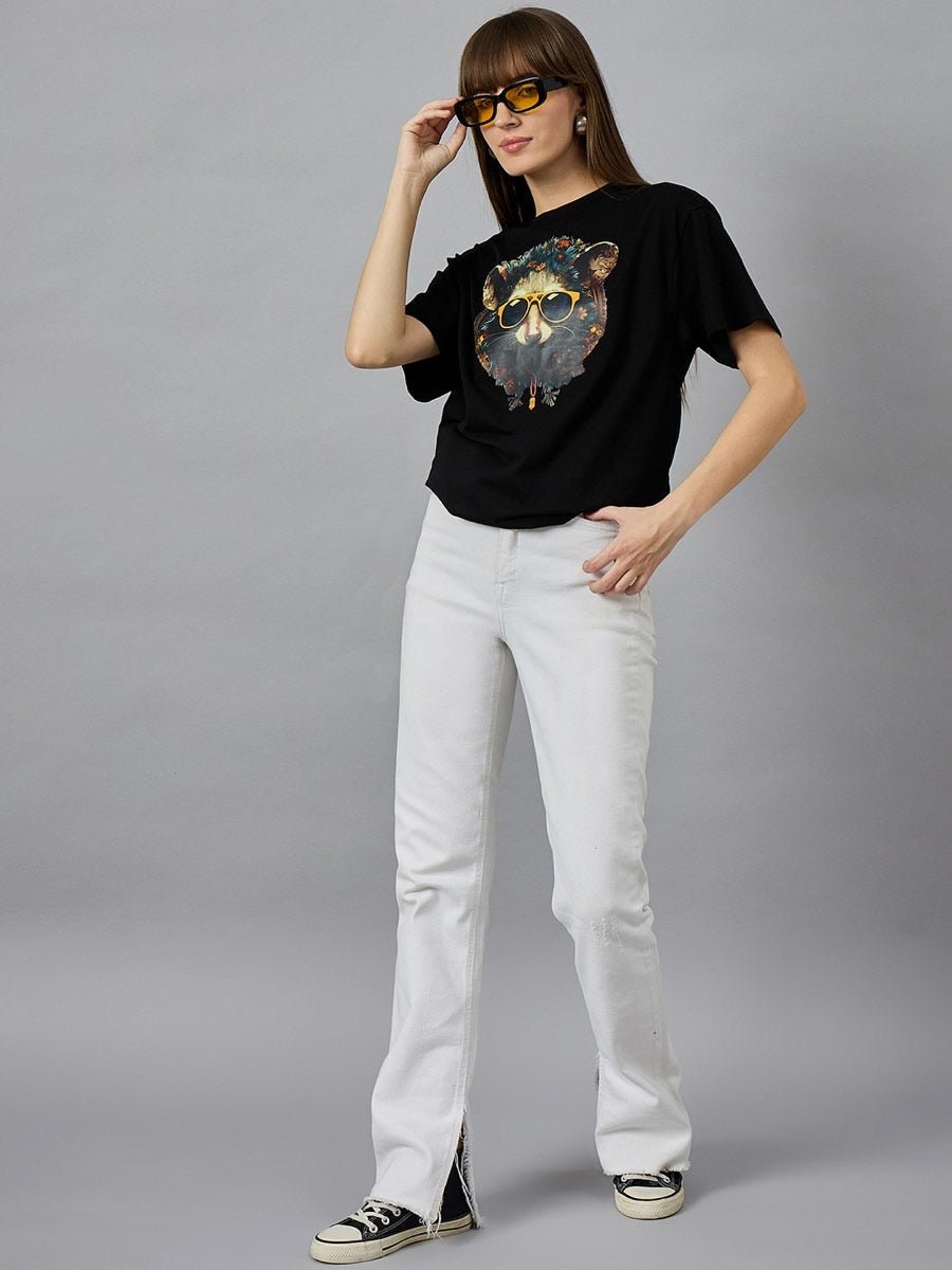 Women'sTypography Graphic T-shirt – Drop Shoulder, Round Neck, Cotton